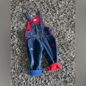 Vintage Baby Denim Overalls 6-9M Embroidered Cars Red Lined